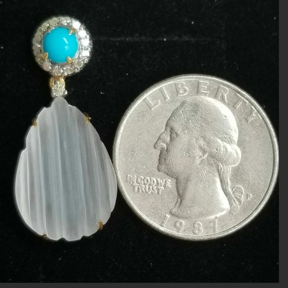 Earrings 14k Gold Diamond Turquoise Rock Crystal Quartz Drop- Estate Jewelry 7g - Picture 4 of 12